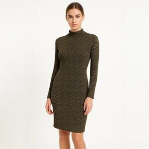 Boohoo Black Gold Metallic Knit Mock Neck Long Sleeve Bodycon Sweater Dress 10